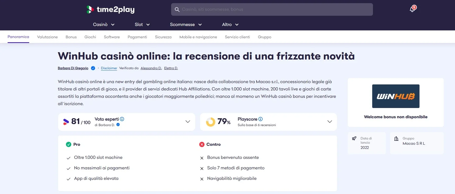 Sezione casinò live WinHub